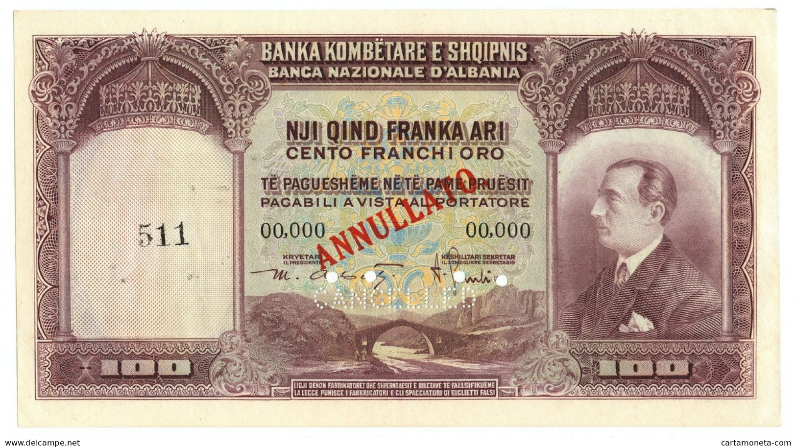 100 FRANCHI ORO CAMPIONE NUMERO 511 BANCA NAZIONALE D'ALBANIA GIUGNO 1926 SPL+ - Unclassified