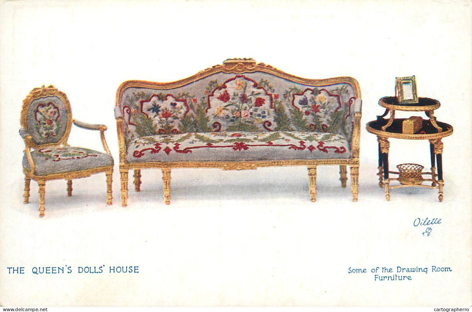 Raphael Tuck & Sons' Oilette Postcard The Queen's Dolls House Series I -  Drawing Room Furniture - Tuck, Raphael