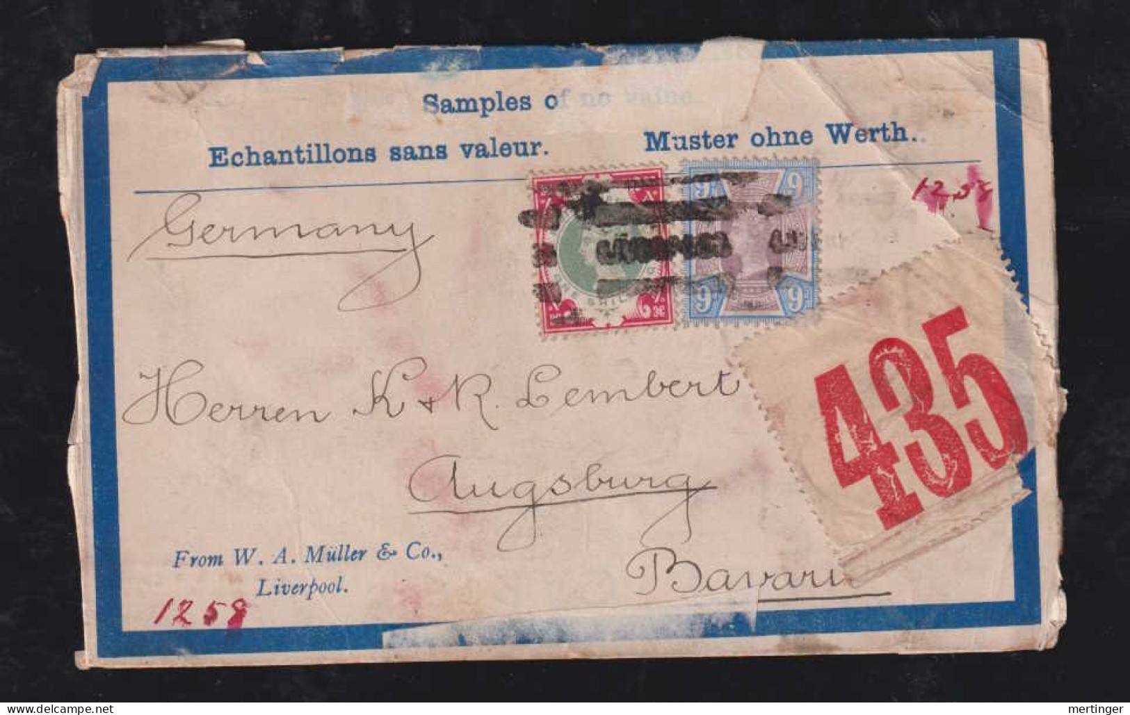 Great Britain 1900 Sample Without Value 1Sh + 9d Victoria LIVERPOOL X AUGSBURG Bavaria Germany - Lettres & Documents