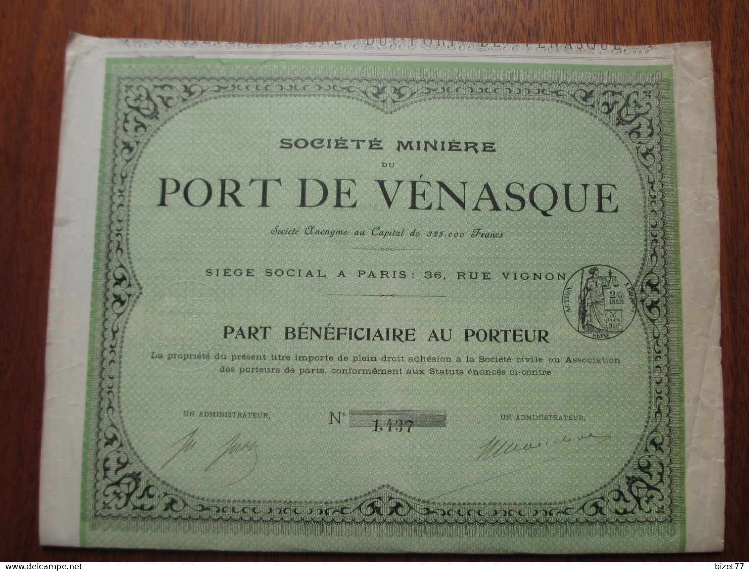 FRANCE-ESPAGNE , STE MINIERE DU PORT DE VENASQUE - PART BENEFICIAIRE - PARIS - Altri & Non Classificati