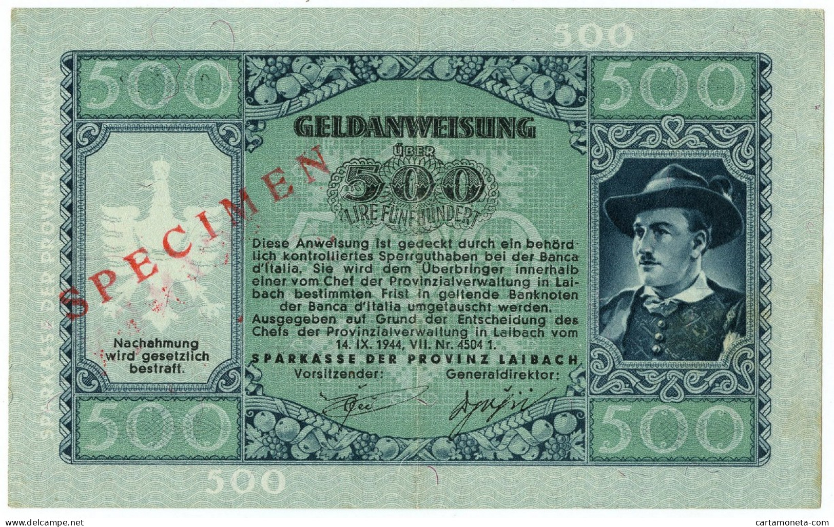 500 LIRE SPECIMEN OCCUPAZIONE TEDESCA DELLA PROVINCIA DI LUBJANA 14/09/1944 BB+ - Geallieerde Bezetting Tweede Wereldoorlog