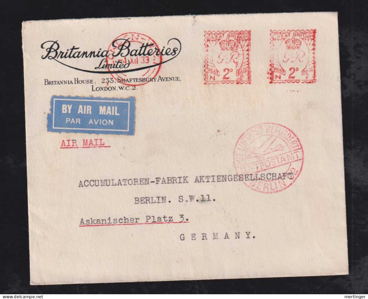 Great Britain 1933 Meter Airmail Cover LONDON X BERLIN - Covers & Documents