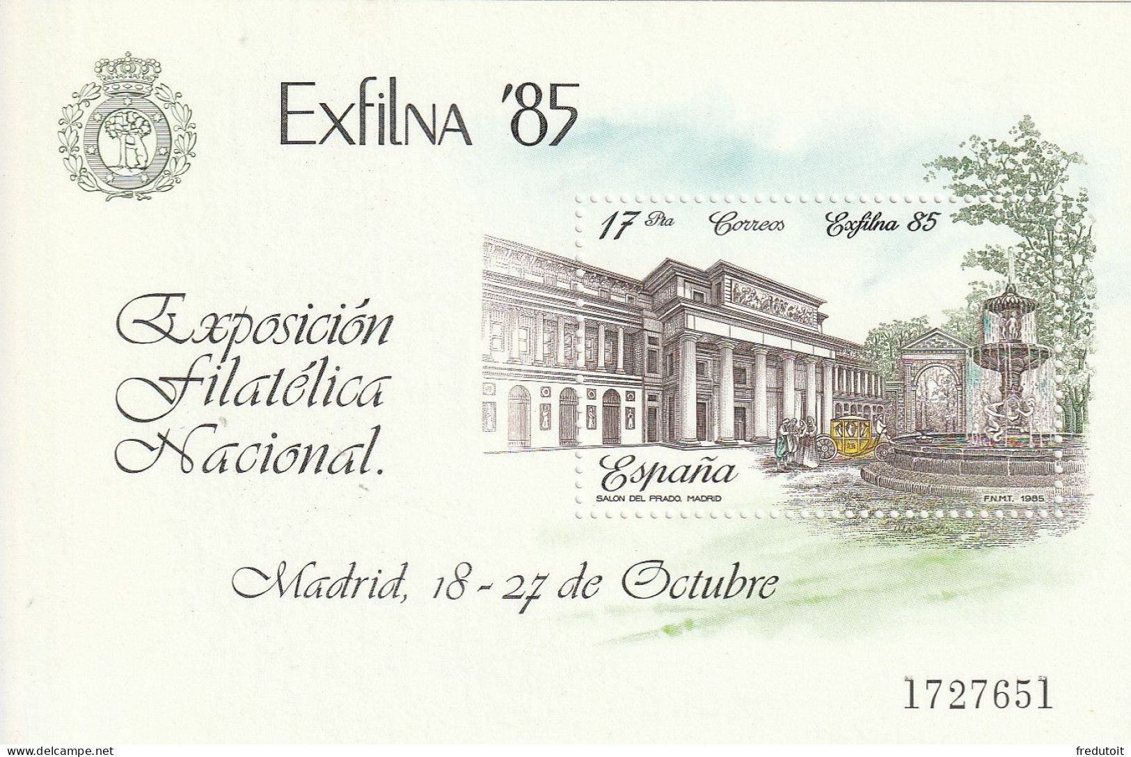 ESPAGNE - BLOC N°34 ** (1985) "Exfilna'85" - Blocks & Sheetlets & Panes