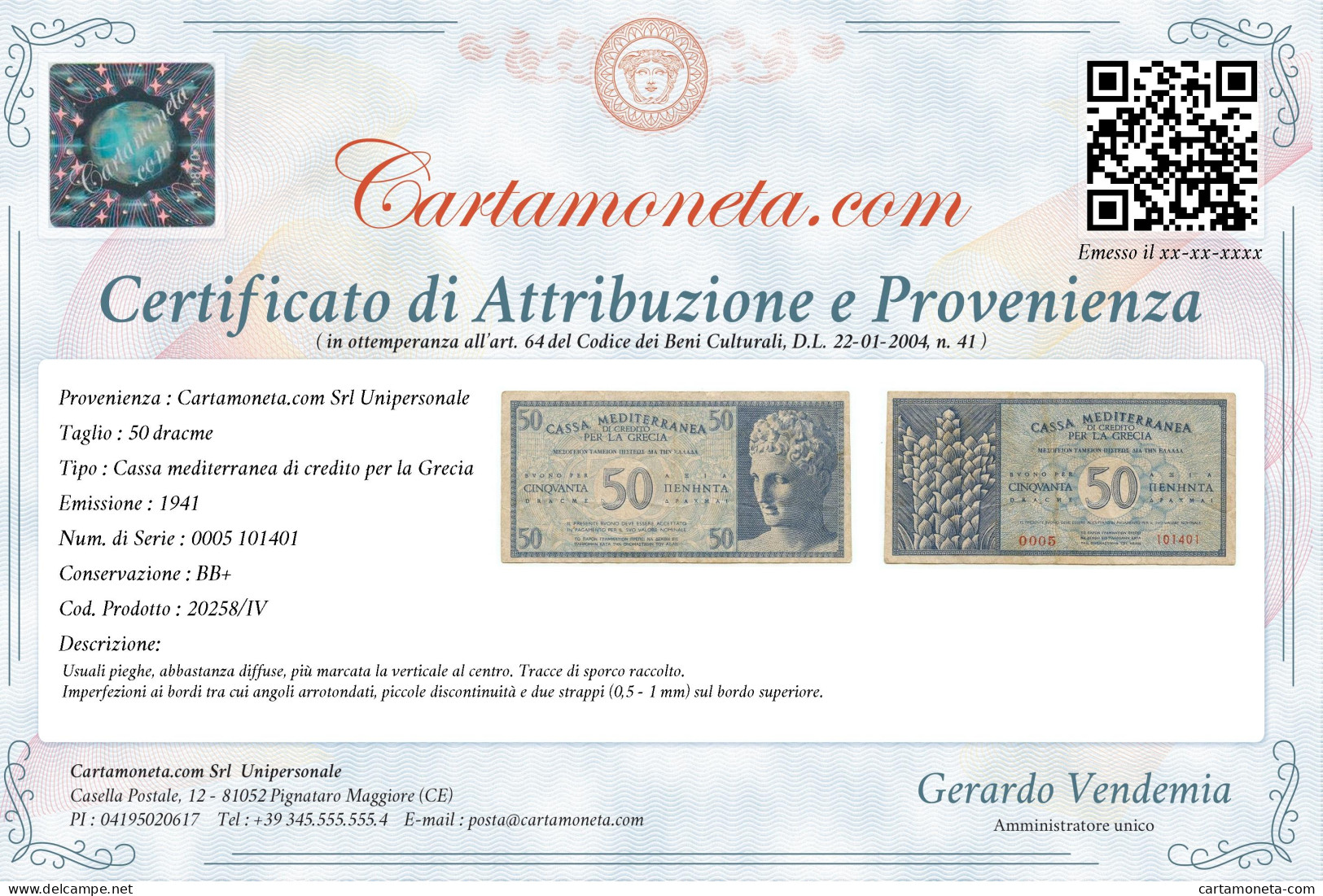 50 DRACME CASSA MEDITERRANEA DI CREDITO PER LA GRECIA 1941 BB+ - Other & Unclassified