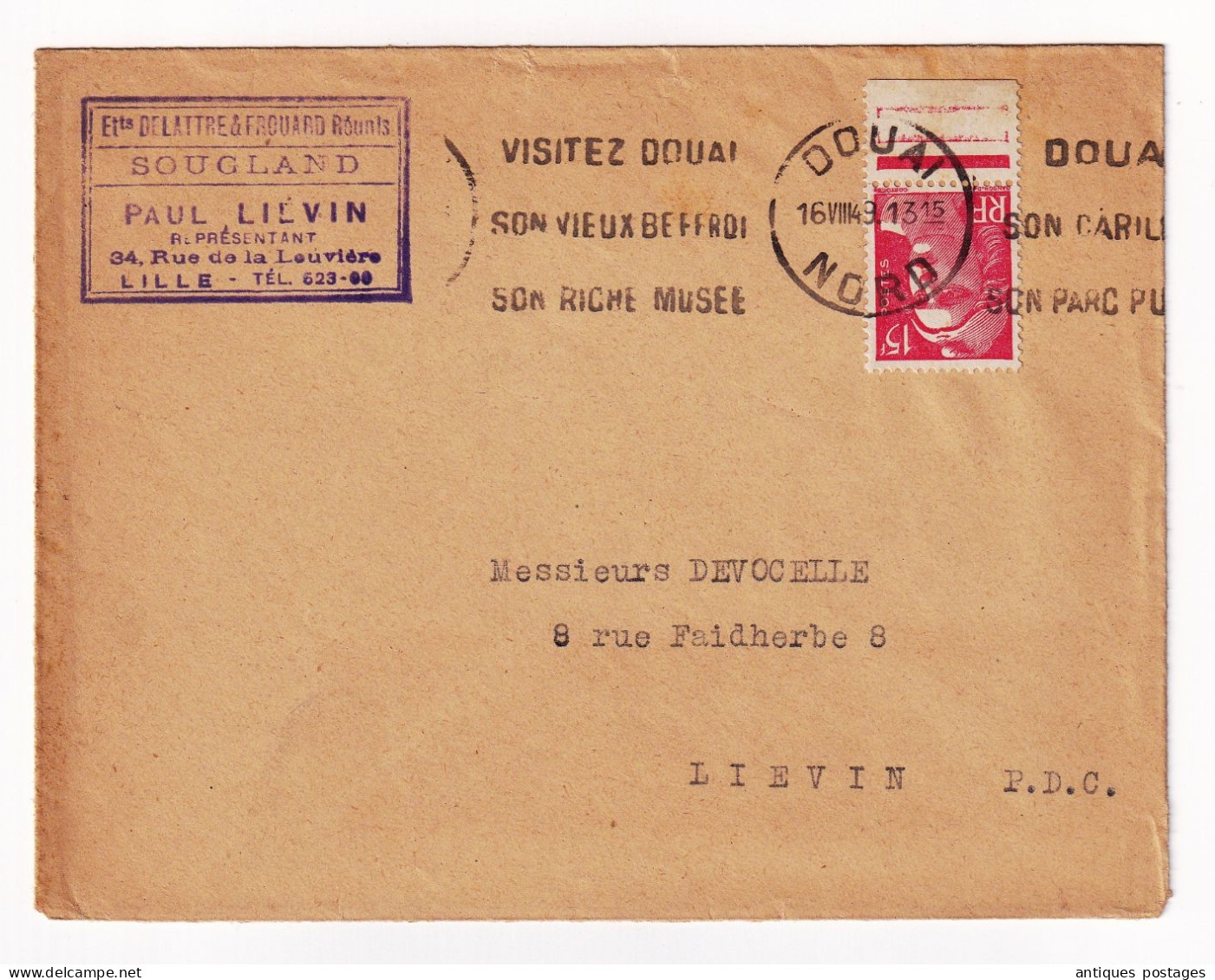 Lettre 1948 Douai Nord Marianne De Gandon 15F Ets Delattre & Frouard Sougland Paul Liévin - 1945-54 Marianne De Gandon