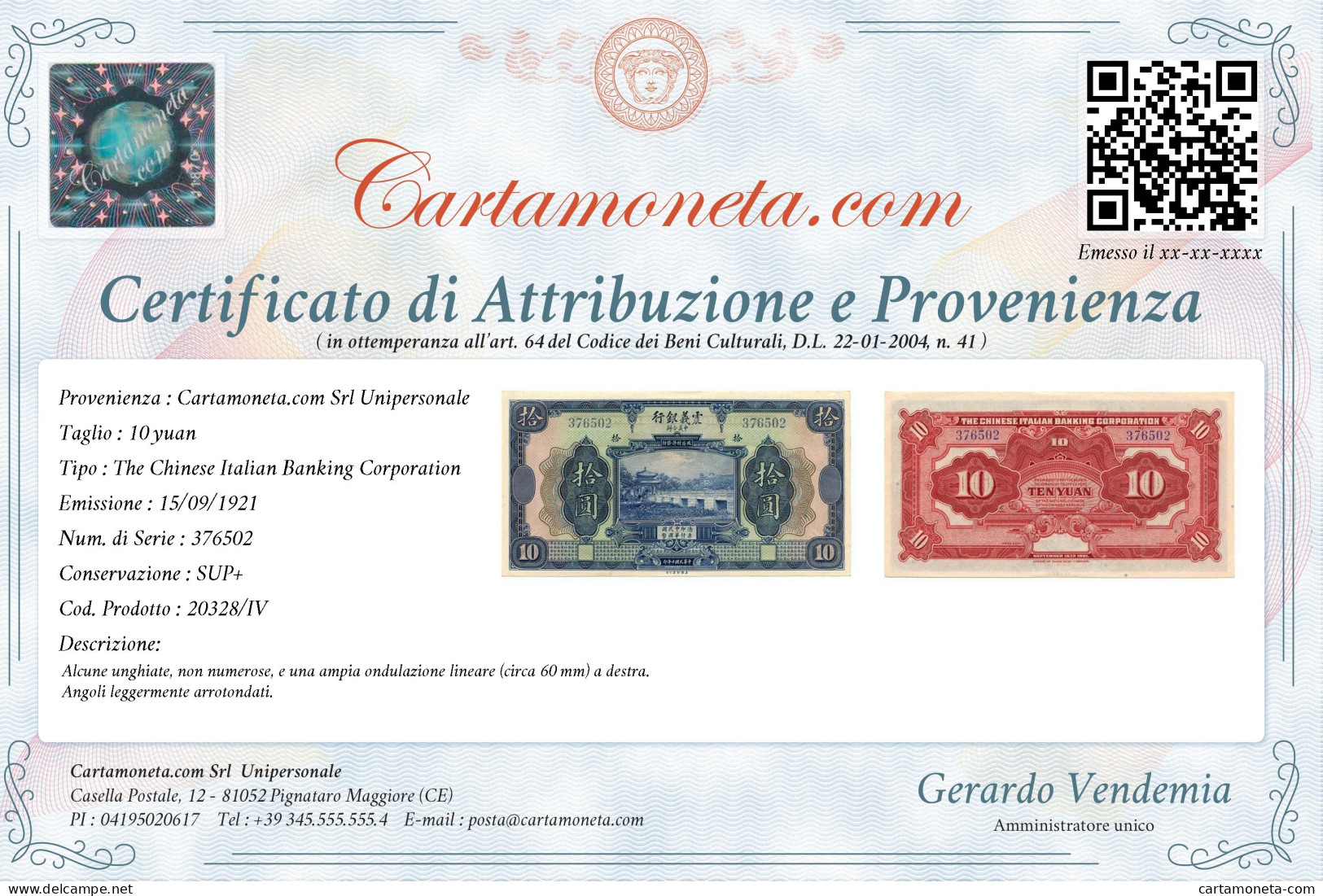 10 YUAN CONCESSIONE ITALIANA IN CINA TIEN-SIN 15/09/1921 SUP+ - Unclassified