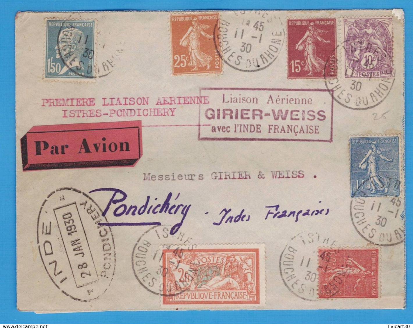 LETTRE PAR AVION DE 1930 - 1° LIAISON AERIENNE ISTRES PONDICHERY - GIRIER WEISS SUR BREGUET HISPANO - 1927-1959 Lettres & Documents