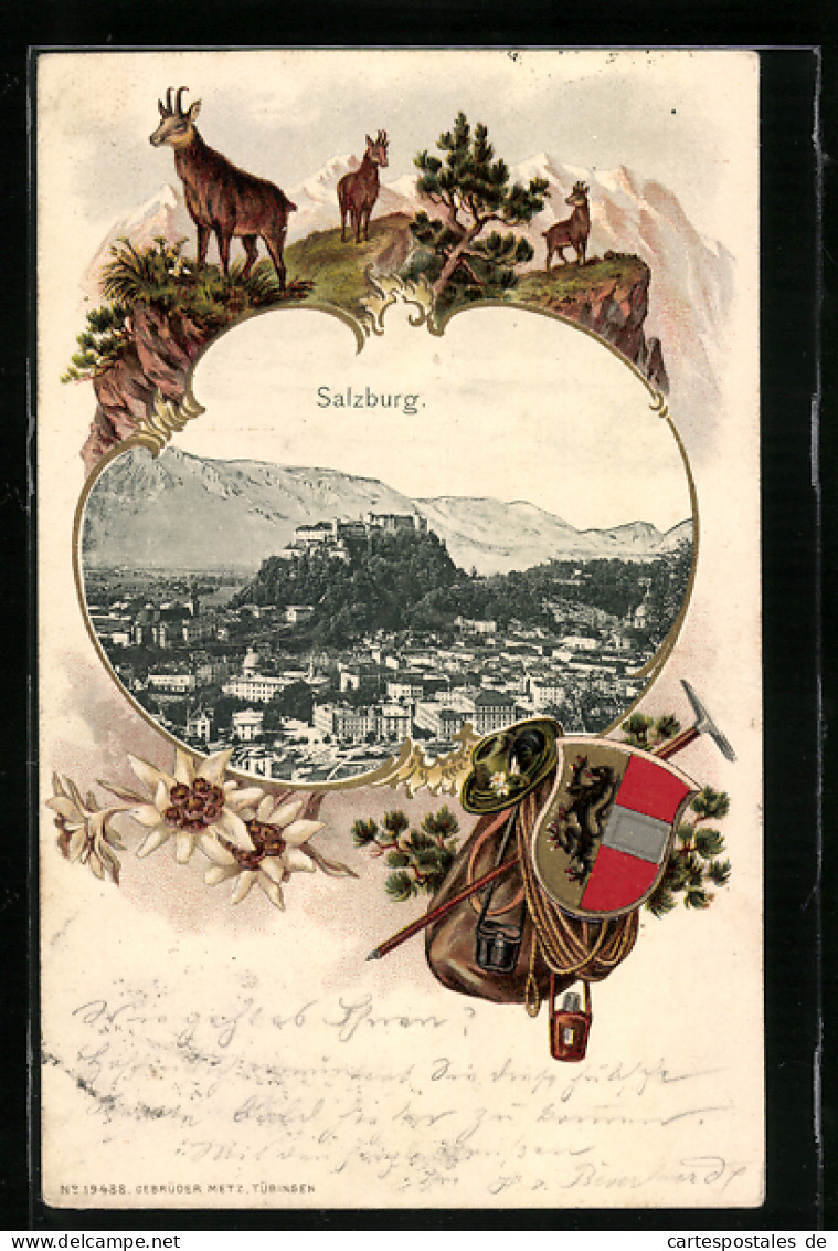 Passepartout-Lithographie Salzburg, Panorama Der Stadt, Gemsen, Wappen Und Bergsteigerausrüstung  - Other & Unclassified