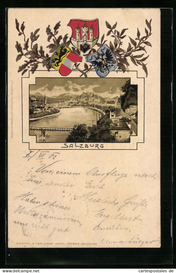 Lithographie Salzburg, Panorama, Wappen Mit Lorbeer Und Eichenlaub  - Autres & Non Classés