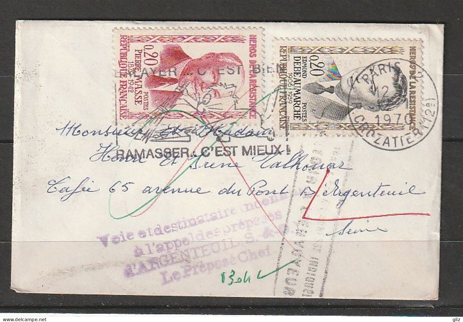 FRANCE -affranchissement Yv :1248-1249 12/01/1970 - Cachets De Facteur Et De Retour - Inconnu, Paris 12eme - Covers & Documents
