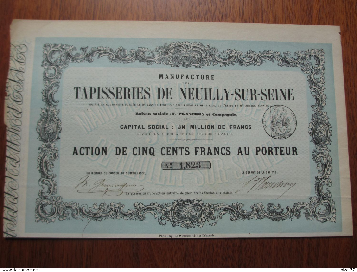 FRANCE - 92 - NEUILLY SUR SEINE  1860 - MANUFATURE DES TAPISSERIES DE NEUILLY SUR SEINE - ACTION DE 500 FRS - Other & Unclassified