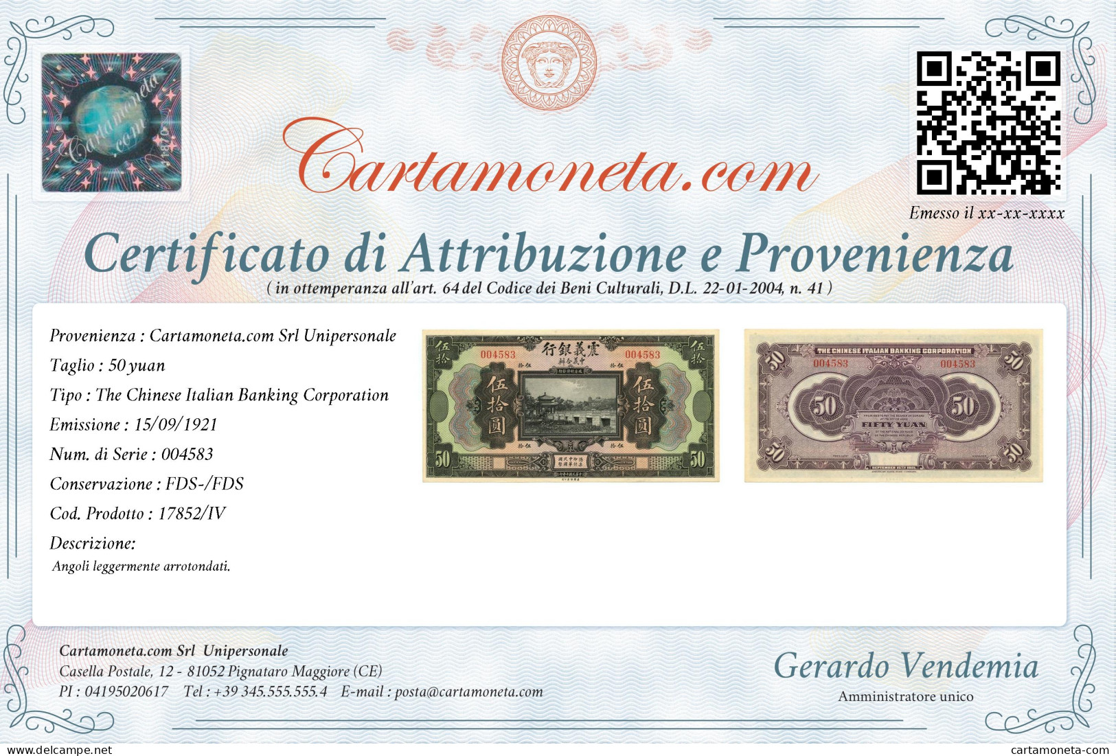 50 YUAN CONCESSIONE ITALIANA IN CINA TIEN-SIN 15/09/1921 FDS-/FDS - Unclassified