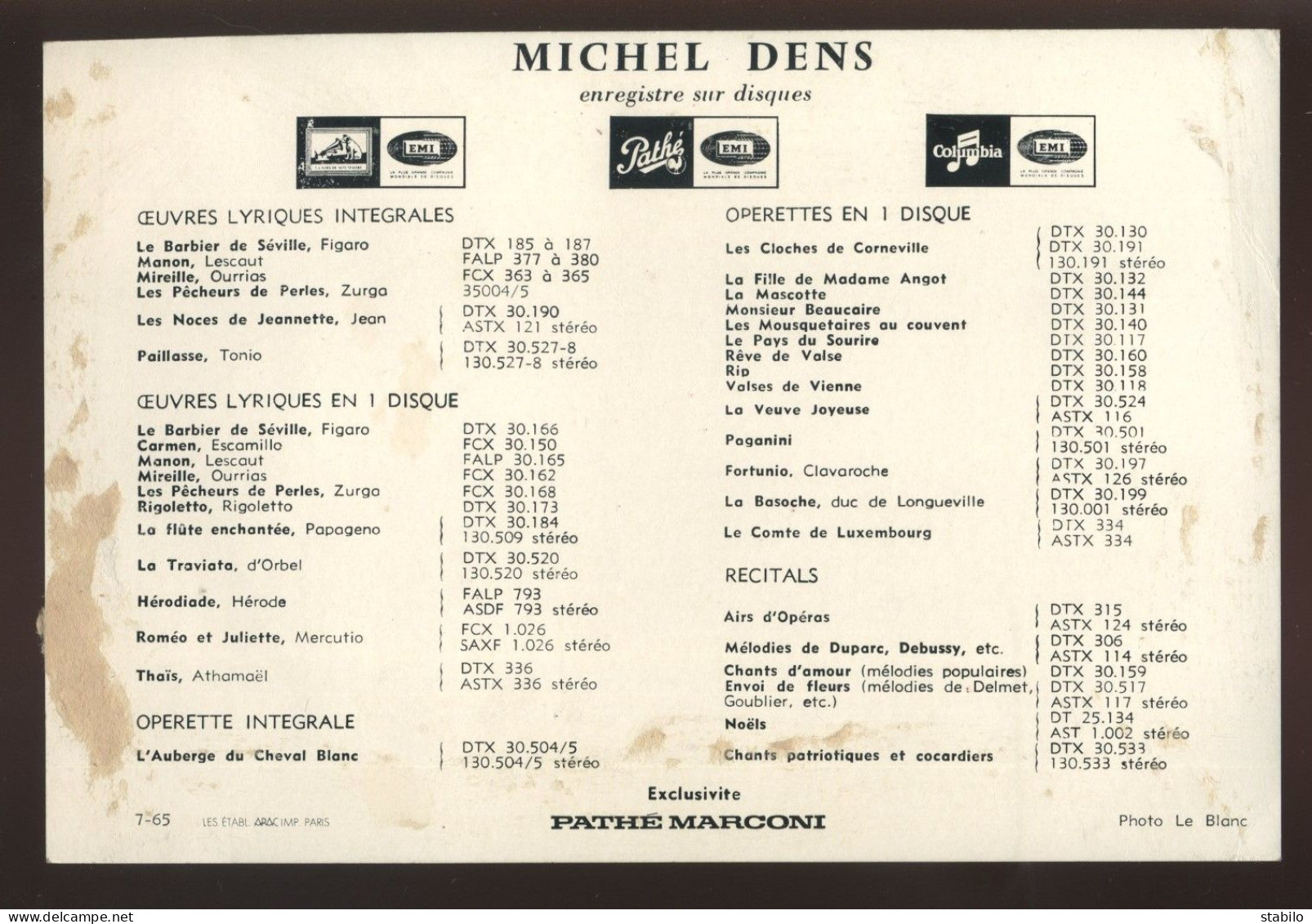 AUTOGRAPHE - MICHEL DENS, BARYTON DE L'OPERA -  VERSO PUBLICITE PATHE MARCONI - FORMAT 12 X 18 CM  - Other & Unclassified