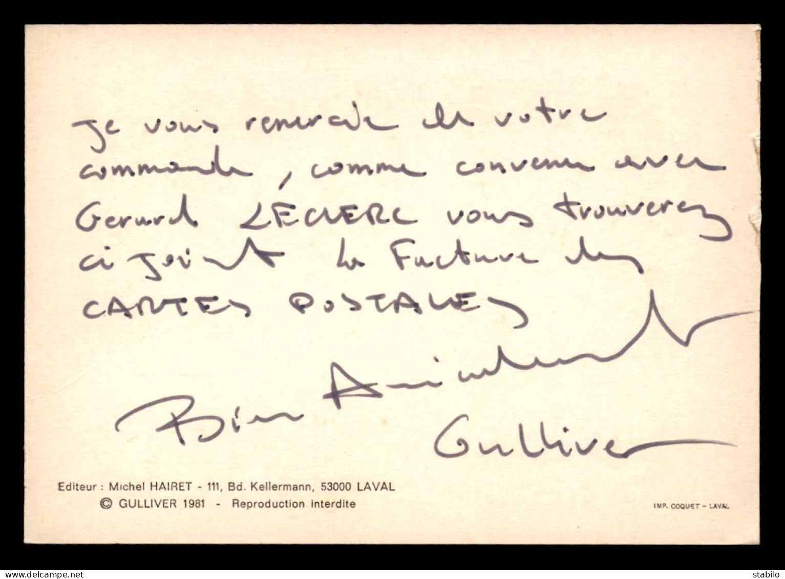 AUTOGRAPHE - GULLIVER - DESSIN DE 1981 - EDITEUR M. HAIRET, LAVAL - Autres & Non Classés