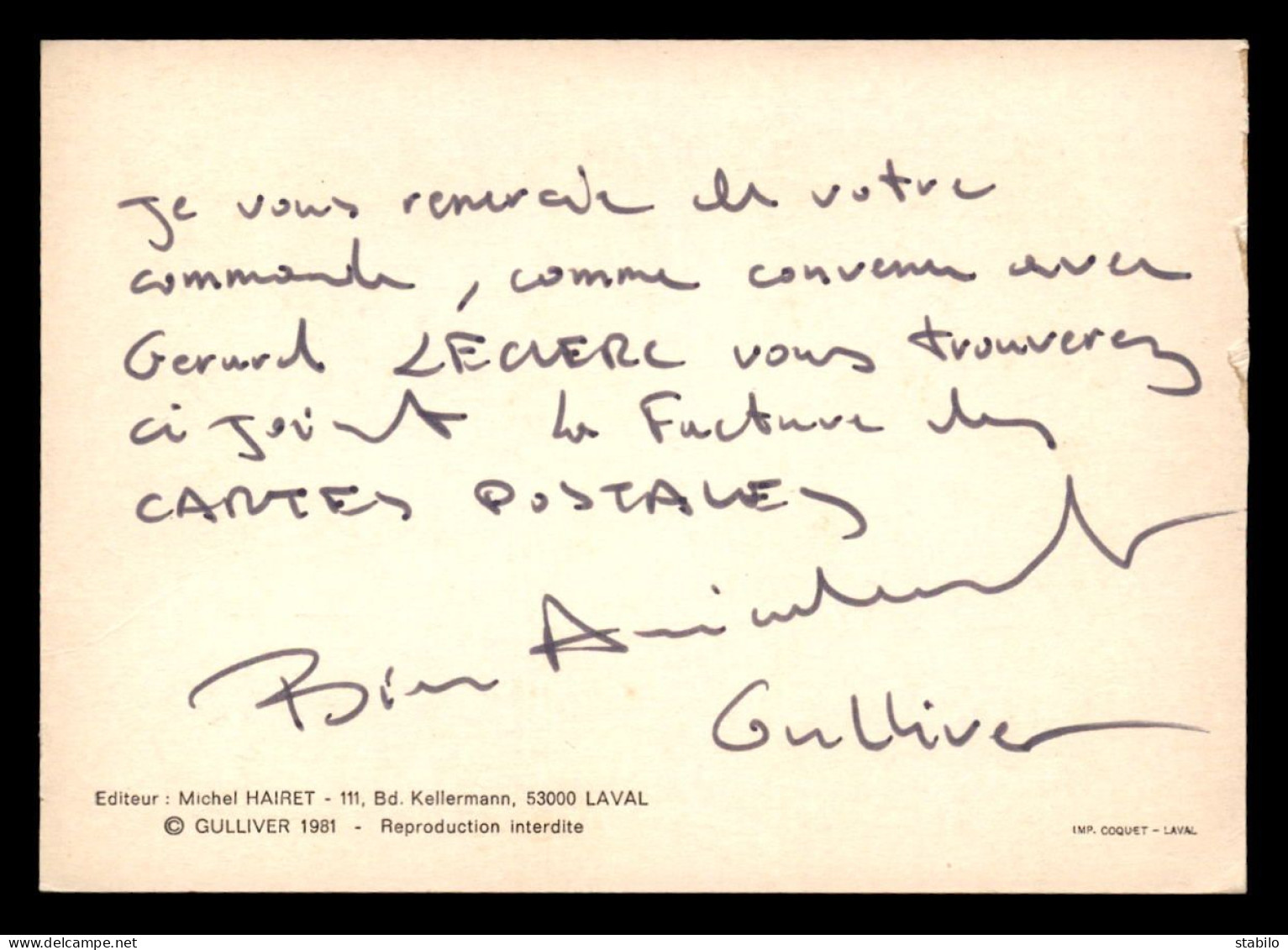 AUTOGRAPHE - GULLIVER - DESSIN DE 1981 - EDITEUR M. HAIRET, LAVAL - Other & Unclassified