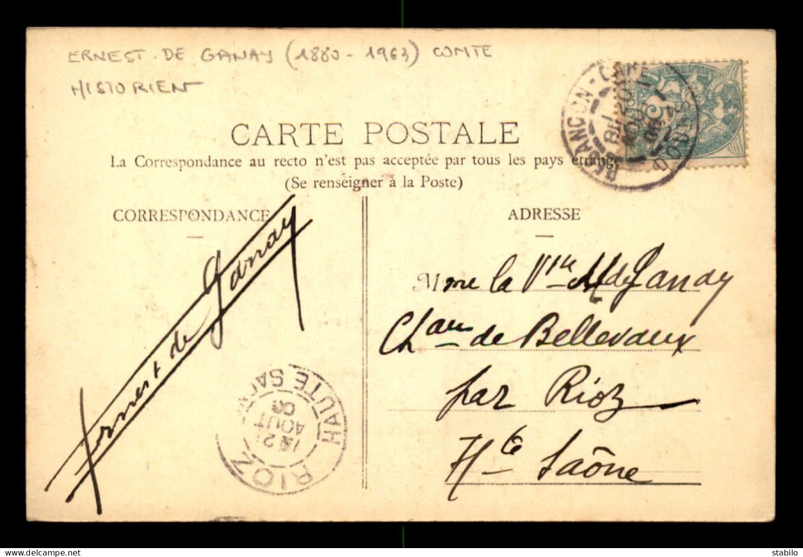 AUTOGRAPHE - COMTE ERNEST DE GANAY (1880-1963) HISTORIEN  - Other & Unclassified