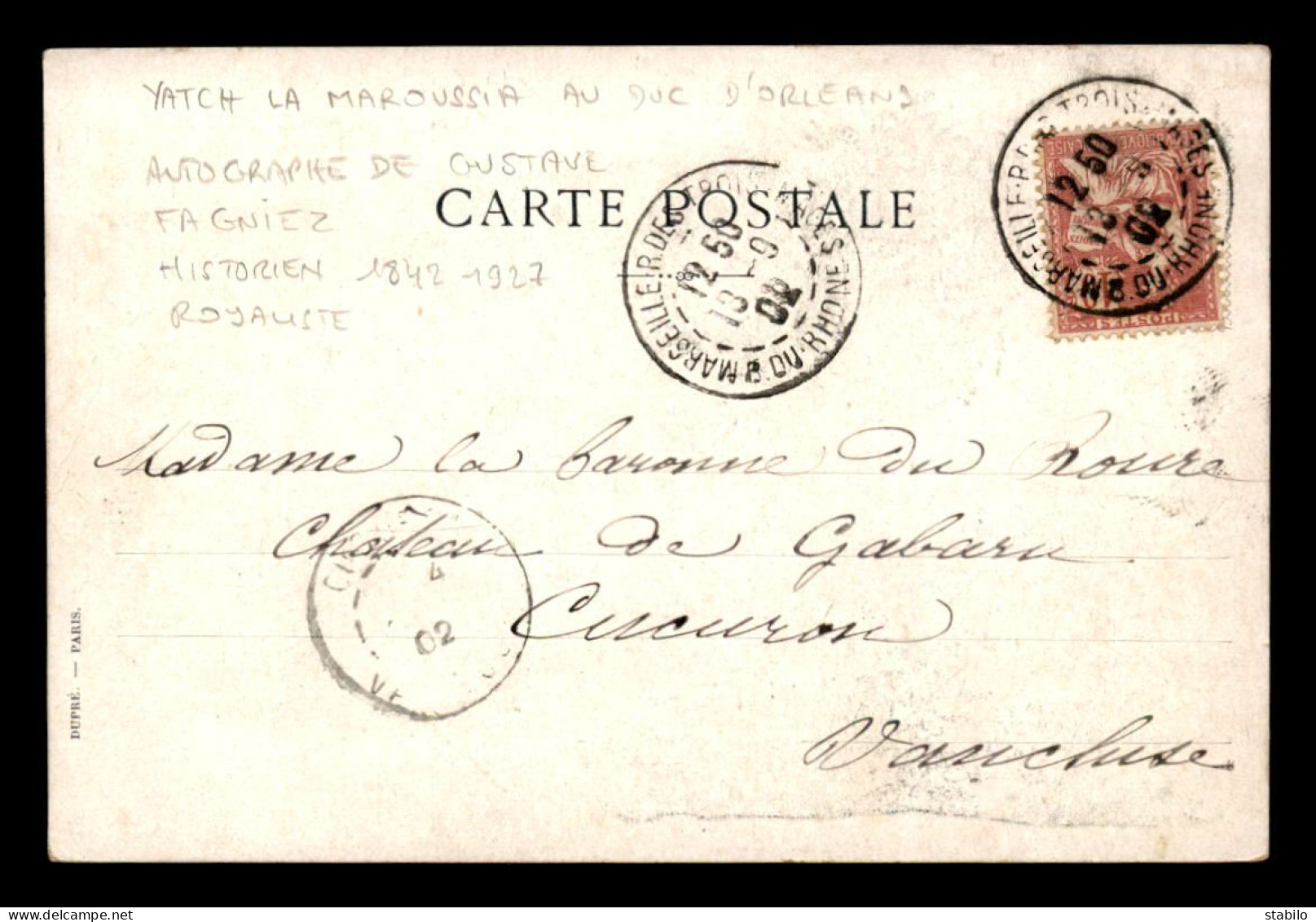 AUTOGRAPHE - GUSTAVE FAGNIEZ (1842-1927) HISTORIEN ROYALISTE  -  YACHT LA MAROUSSIA AU DUC D'ORLEANS - Sonstige & Ohne Zuordnung