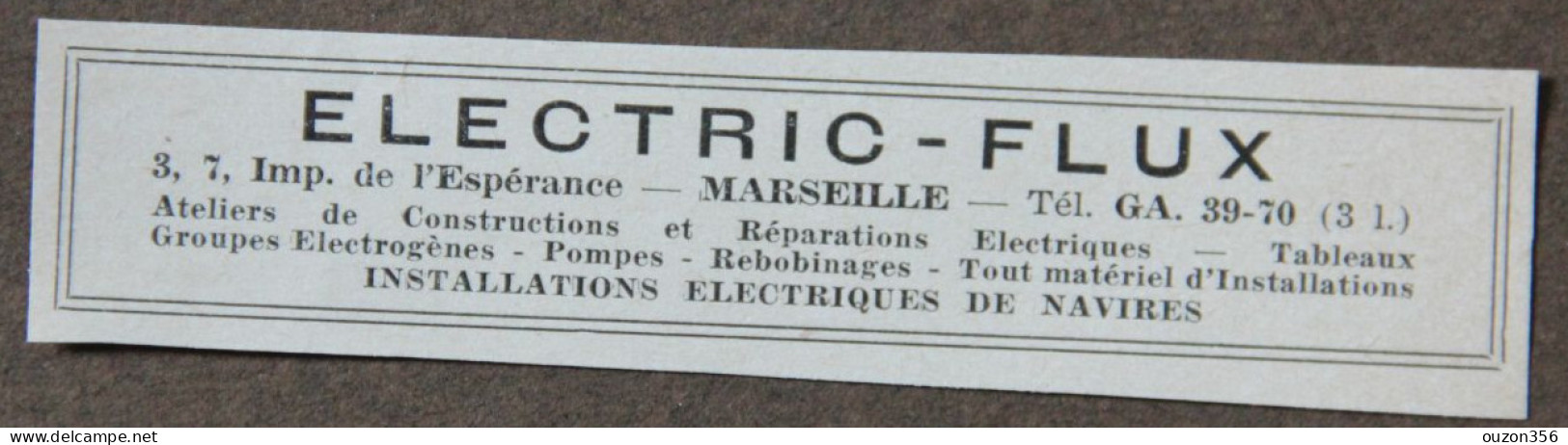 Publicité : ELECTRIC-FLUX, Electricité, Installations électriques De Navires, Marseille, 1951 - Advertising