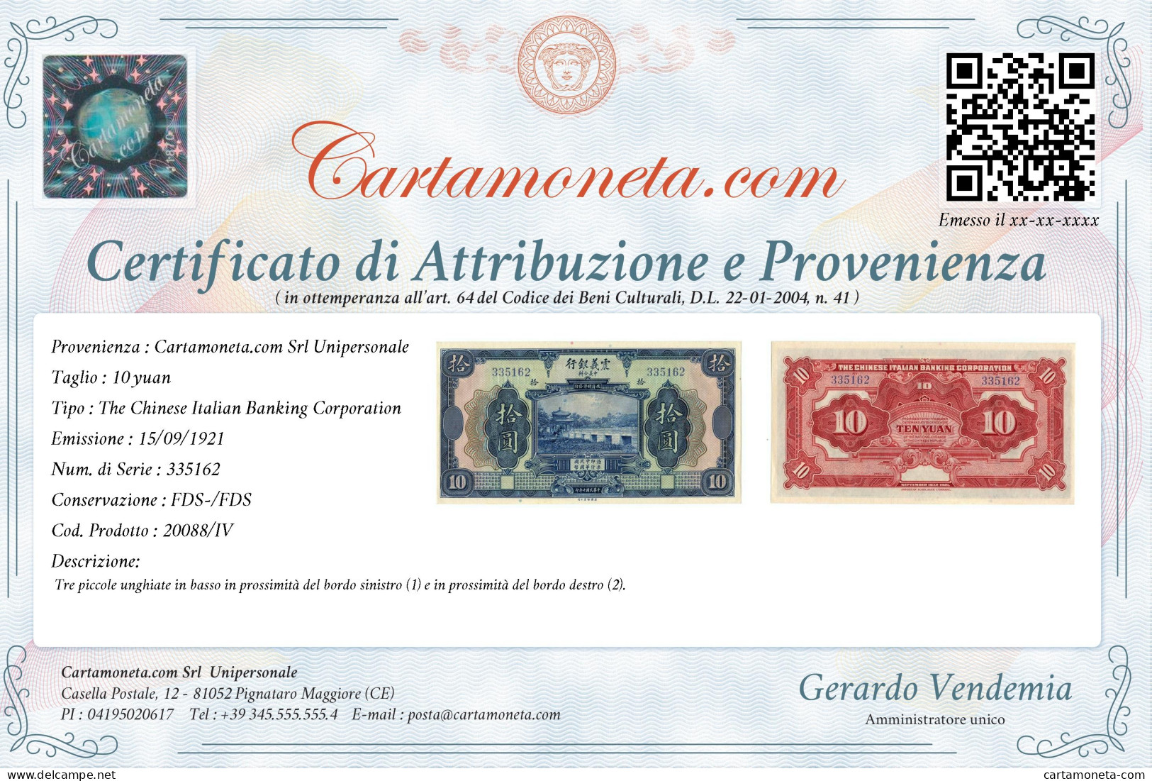 10 YUAN CONCESSIONE ITALIANA IN CINA TIEN-SIN 15/09/1921 FDS-/FDS - Unclassified