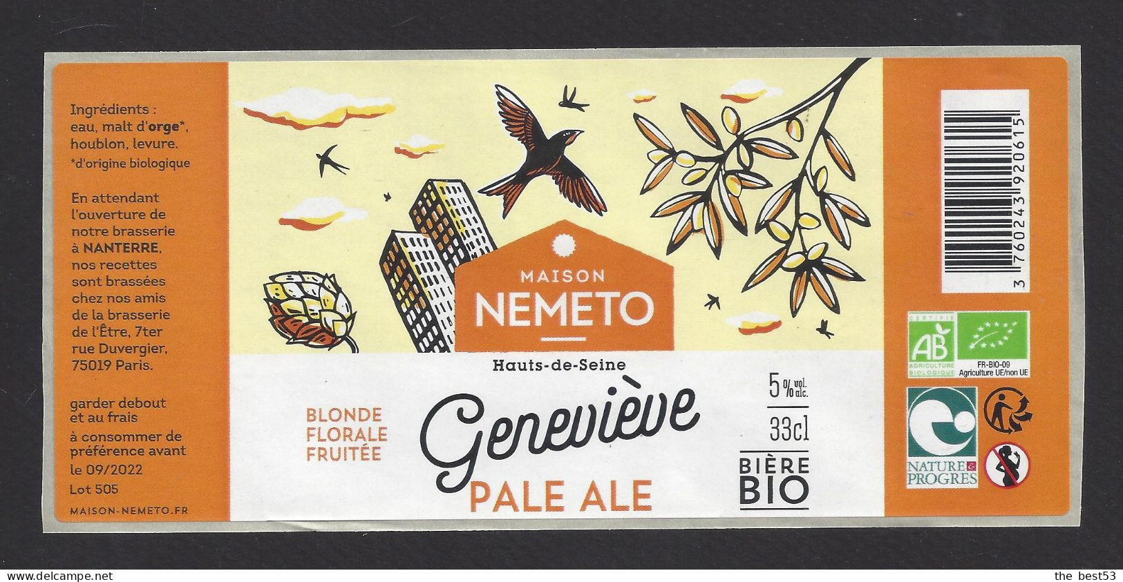Etiquette De Bière Blonde Pale Ale -  Geneviève  -  Brasserie De L'Etre à Paris  Pour Brasserie Nemeto à Nanterre  (92) - Beer