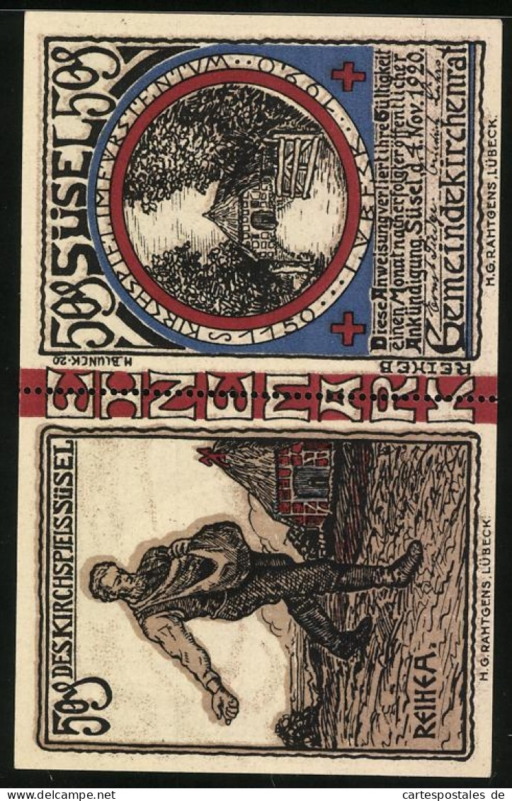 Notgeld Süsel 1920, 2 X 50 Pfennig, Bauer Bei Der Aussaat, Kirche  - [11] Local Banknote Issues