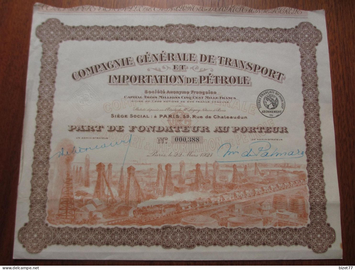 FRANCE - PARIS 1927 - TRANSPORTS ET IMPORTATION DE PETROLE - PART DE FONDATEUR - Other & Unclassified