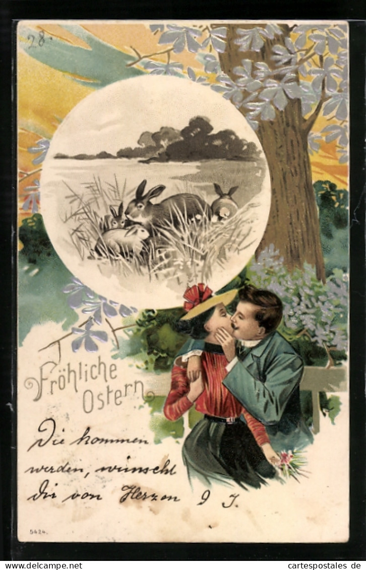 AK Fröhliche Ostern, Sich Küssendes Paar Und Hasen In Aktion, Jugendstil  - Other & Unclassified