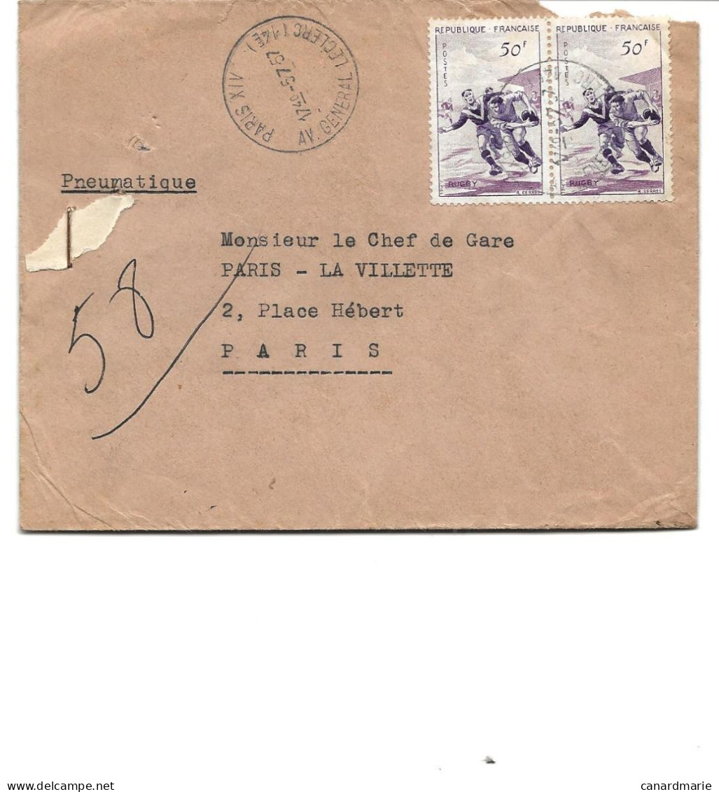 LETTRE PNEUMATIQUE  1957 AVEC 2 TIMBRES  RUGBY - Briefe U. Dokumente