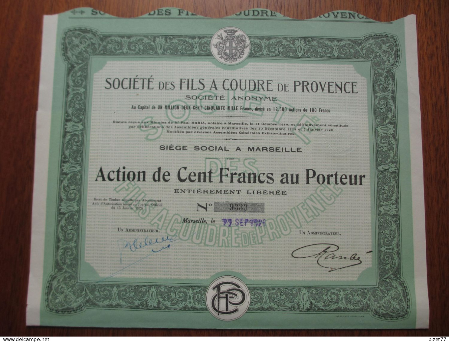 FRANCE - 13 - MARSEILLE 1925 - STE DES FILS A COUDRE DE PROVENCE - ACTION DE 100 FRS - Other & Unclassified