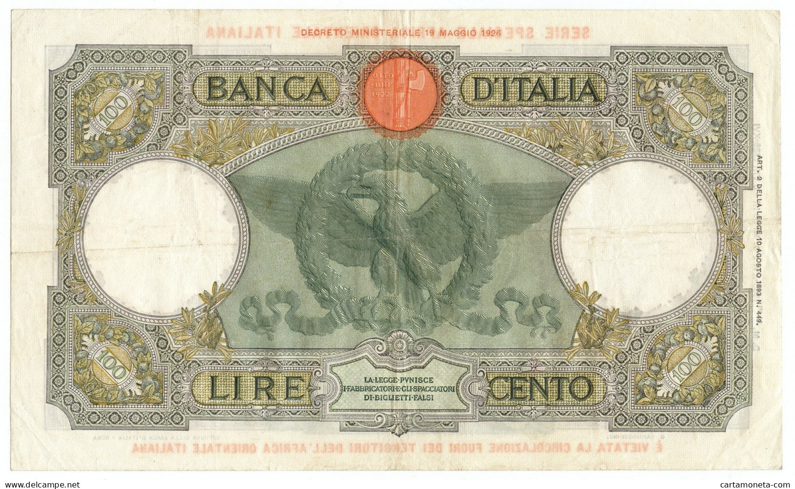 100 LIRE CAPRANESI AQUILA AFRICA ORIENTALE ITALIANA AOI 12/09/1938 BB+ - Italian East Africa