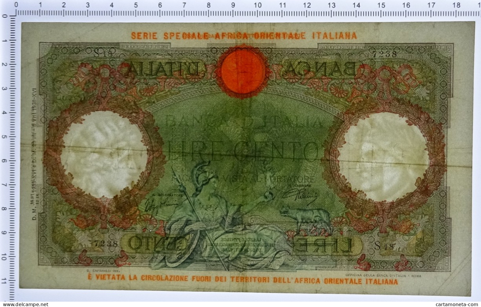 100 LIRE CAPRANESI AQUILA AFRICA ORIENTALE ITALIANA AOI 12/09/1938 BB+ - Italian East Africa