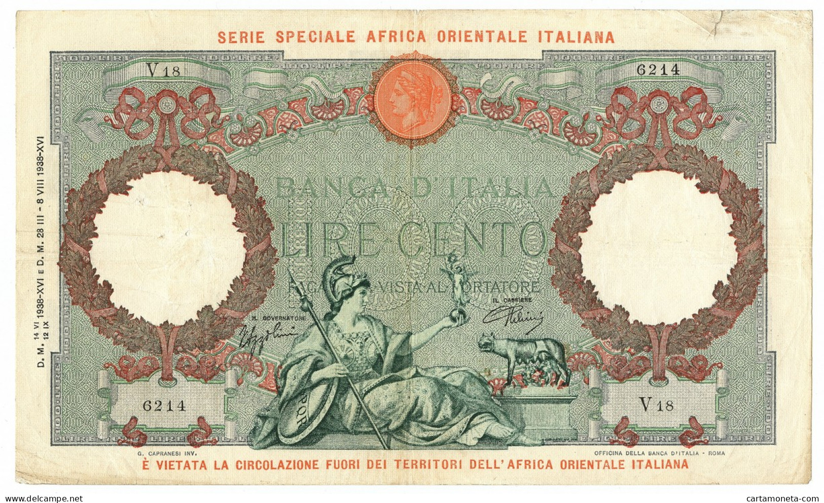 100 LIRE CAPRANESI AQUILA AFRICA ORIENTALE ITALIANA AOI 12/09/1938 BB - Africa Orientale Italiana