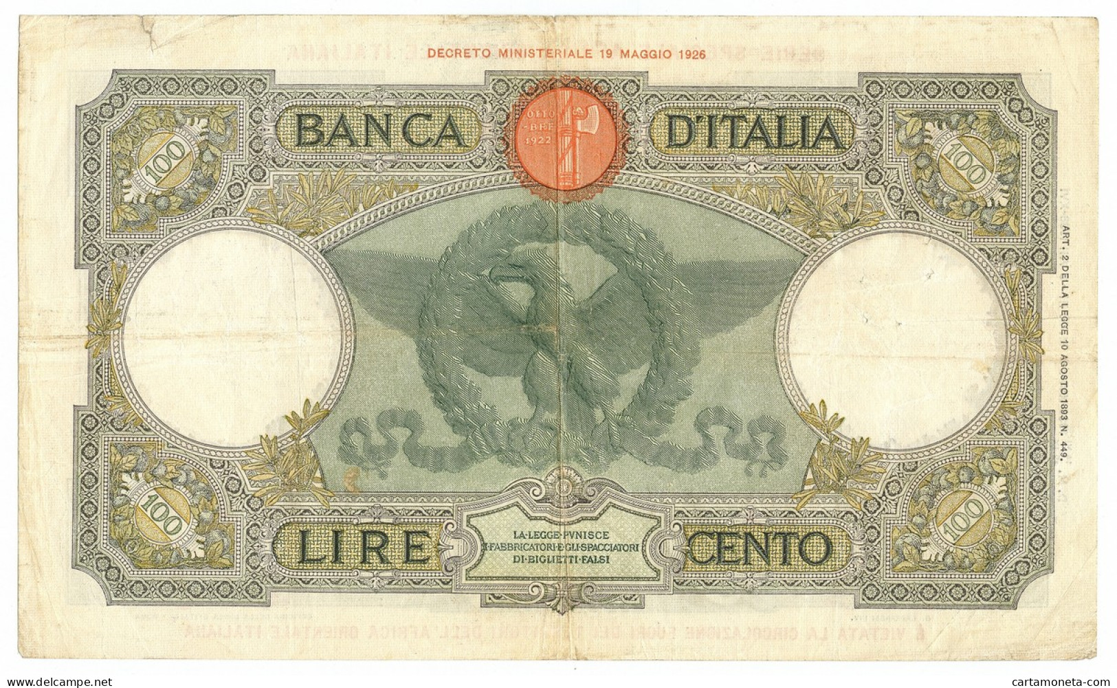 100 LIRE CAPRANESI AQUILA AFRICA ORIENTALE ITALIANA AOI 12/09/1938 BB - Africa Orientale Italiana