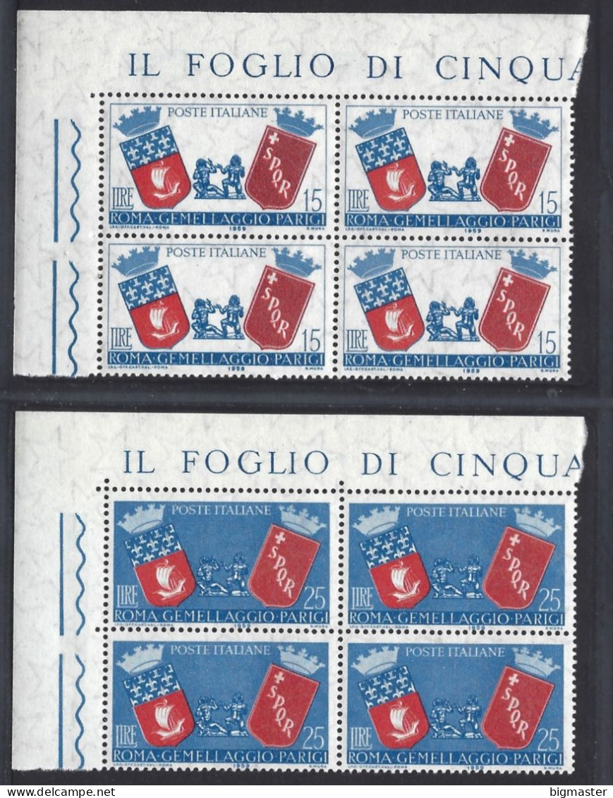 1959 Italia 856-7 Gemellaggio Roma-parigi Quartine Angolo Mnh** - 1946-60: Mint/hinged