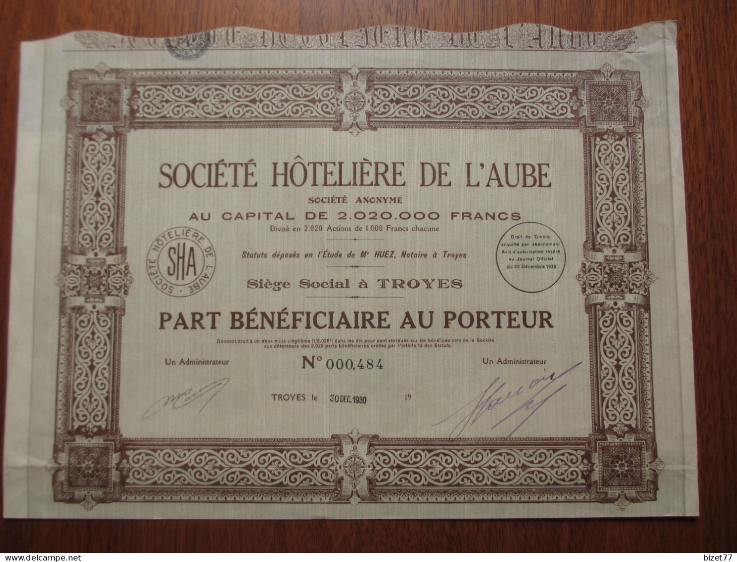 FRANCE - 11 - AUBE - TROYES 1930 - STE HOTELIERE DE L'AUBE - PART BENEFICIAIRE - Otros & Sin Clasificación