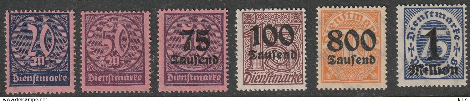 Deut. Reich: 1922/23, Dienstmarken: Mi. Nr. 72, 73, 91, 92, 95, 96.   **/MNH - Service