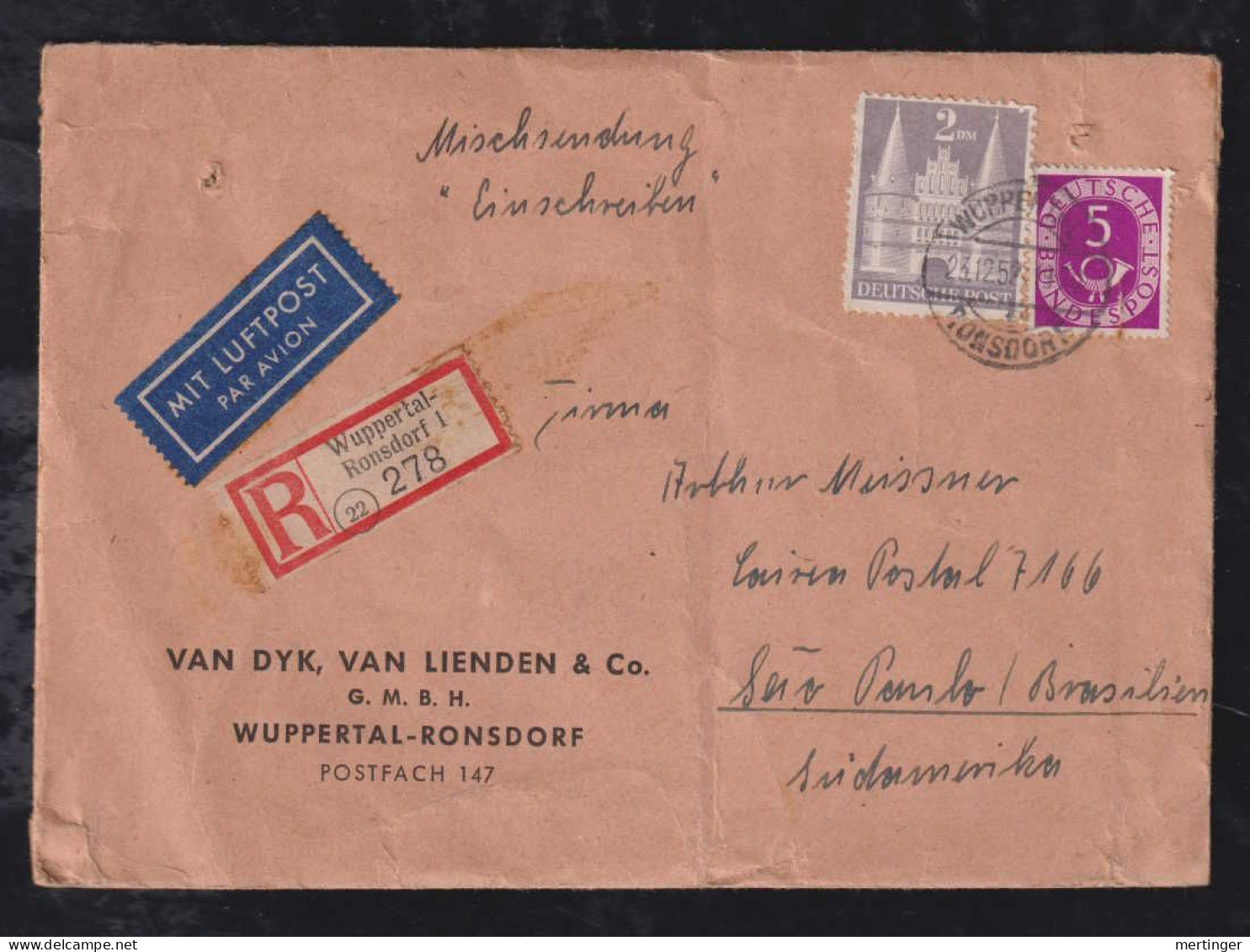 BRD Bund 1952 Einschreiben Mischsendung Luftpost 2DM + 5Pf Posthorn WUPPERTAL RONSDORF X SAO PAULO Brasilien - Covers & Documents