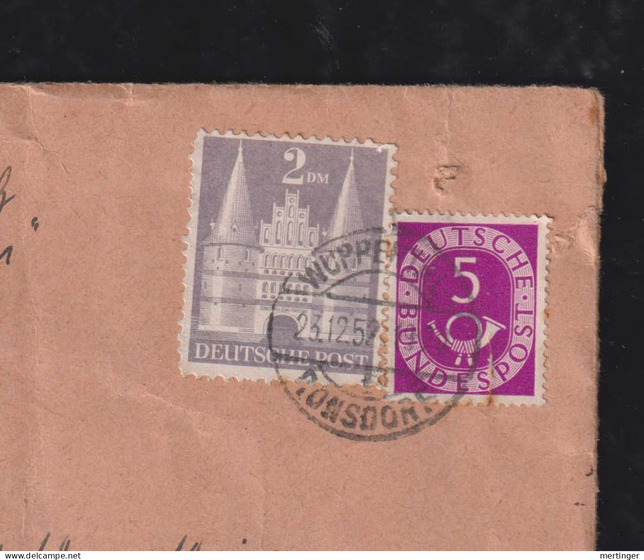 BRD Bund 1952 Einschreiben Mischsendung Luftpost 2DM + 5Pf Posthorn WUPPERTAL RONSDORF X SAO PAULO Brasilien - Storia Postale