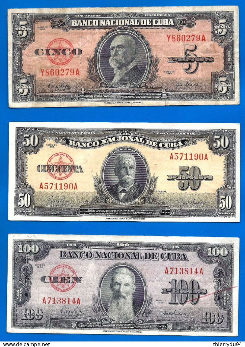Lot Cuba 5 50 100 Pesos 1950 Peso Centavos Kuba Billet Billets - Kuba