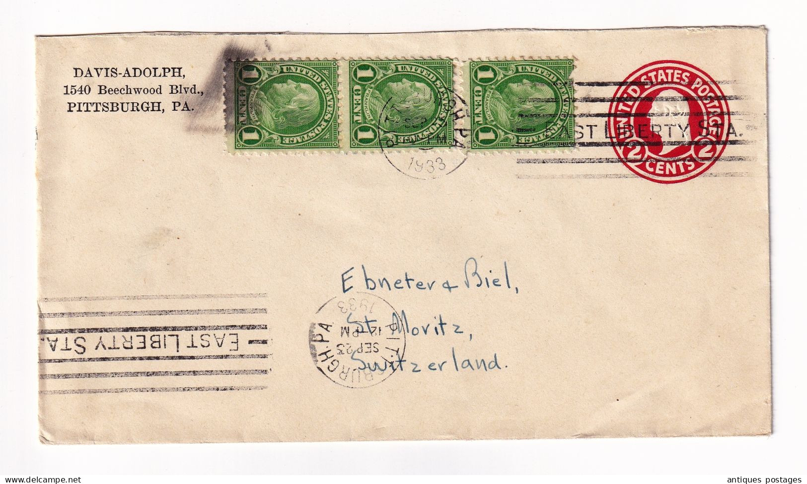 Lettre 1933 Pittsburgh Pennsylvania USA Davis Adolph Saint Moritz Switzerland Suisse Benjamin Franklin One Cent - Briefe U. Dokumente