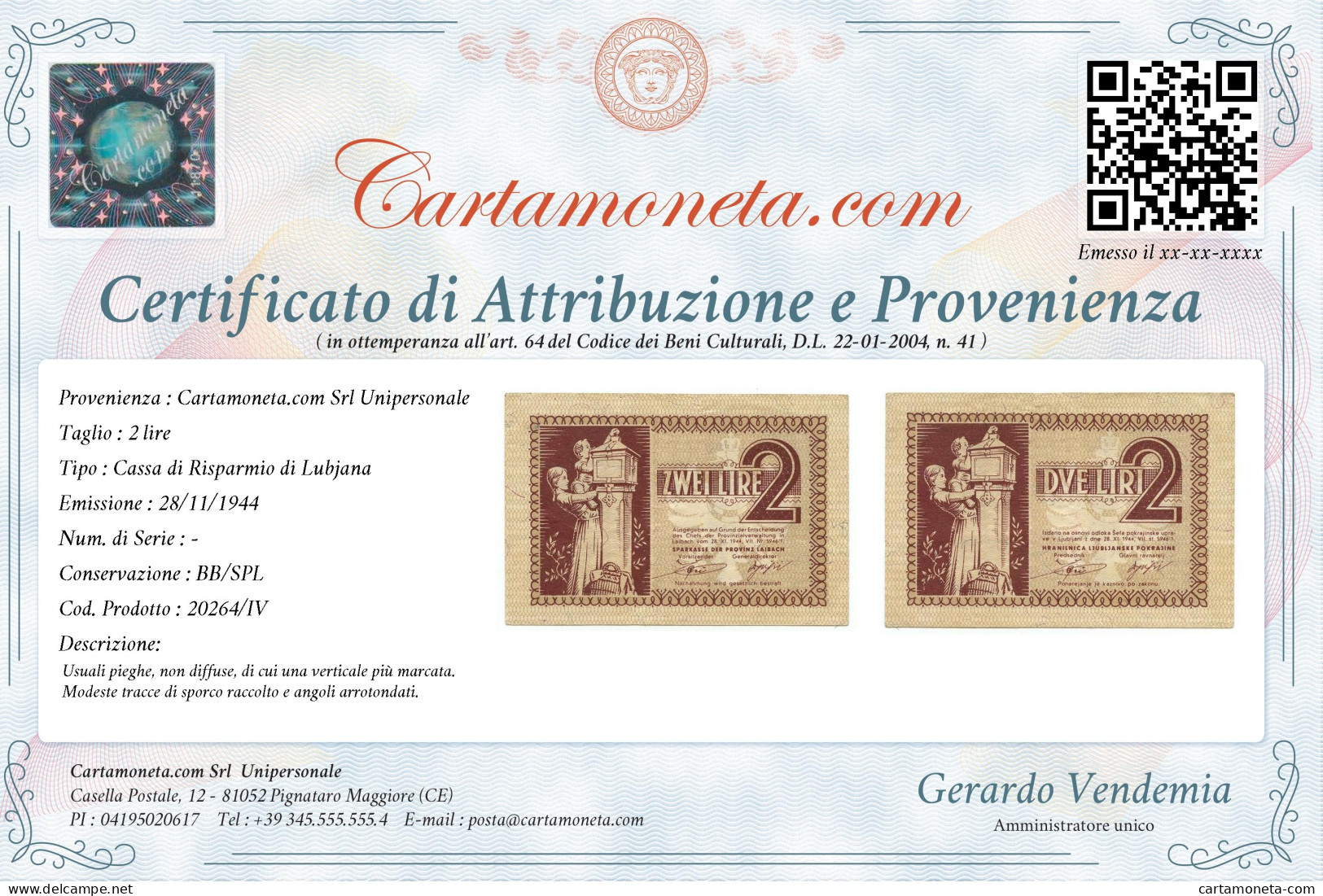 2 LIRE OCCUPAZIONE TEDESCA DELLA PROVINCIA DI LUBJANA 28/11/1944 BB/SPL - Allied Occupation WWII