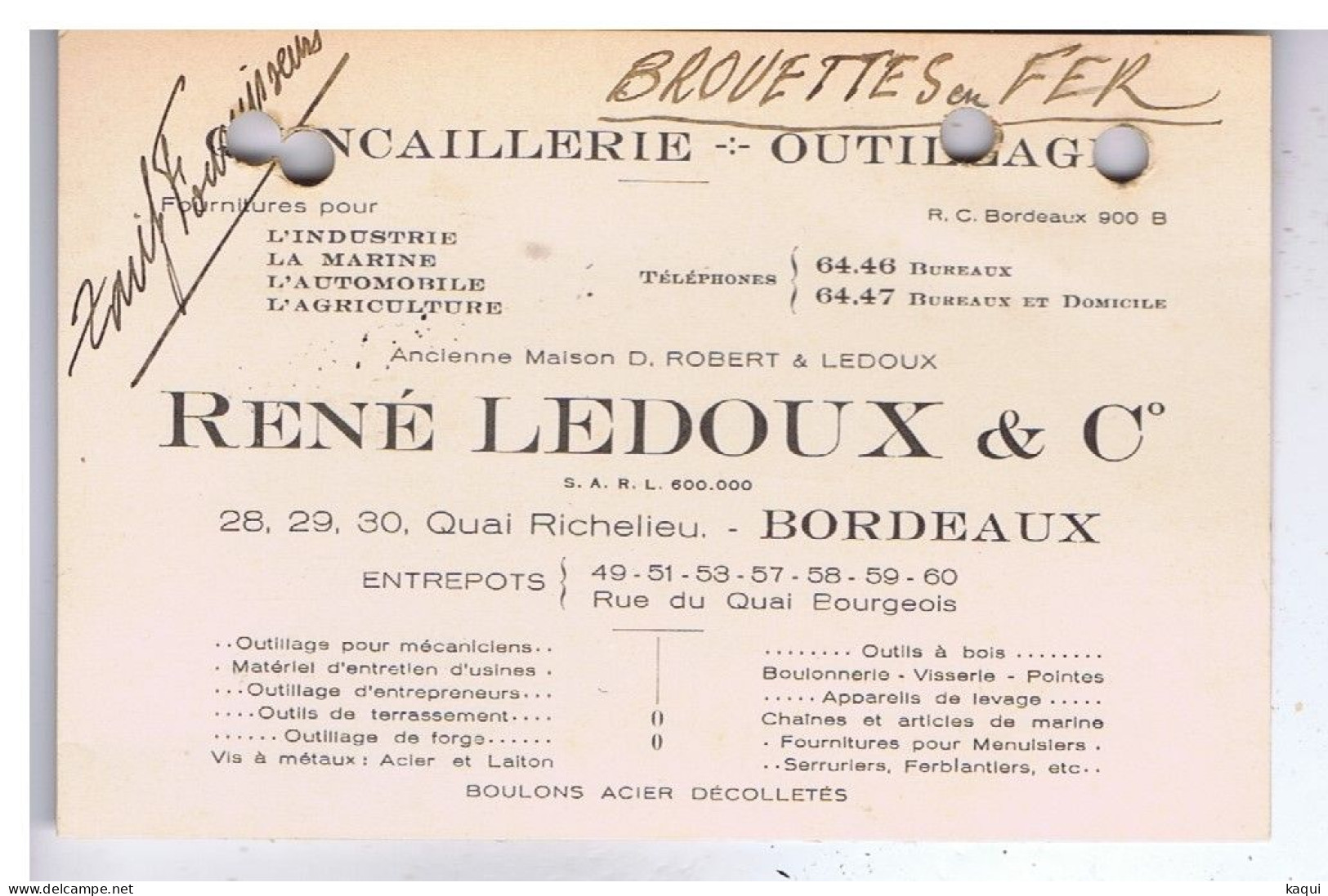 GIRONDE - BORDEAUX - René LEDOUX - Quincaillerie - Outillage - Quai Richelieu - Carte Publicitaire - Advertising