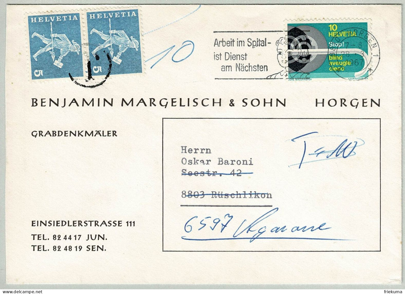 Schweiz / Helvetia 1967, Brief Horgen - Rüschlikon - Agarone, Arbeit Im Spital/Work In The Hospital, Nachporto - Covers & Documents