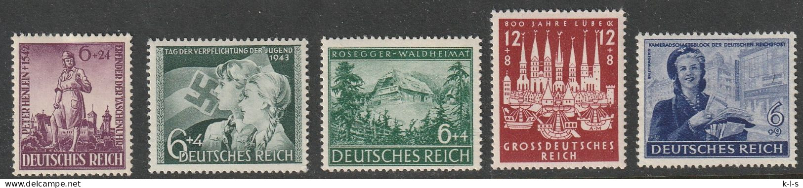 Deut. Reich: 1942/44, 5 Versch. Werte, Mi. Nr. 819, 843, 855, 862, 888  **/MNH - Ongebruikt