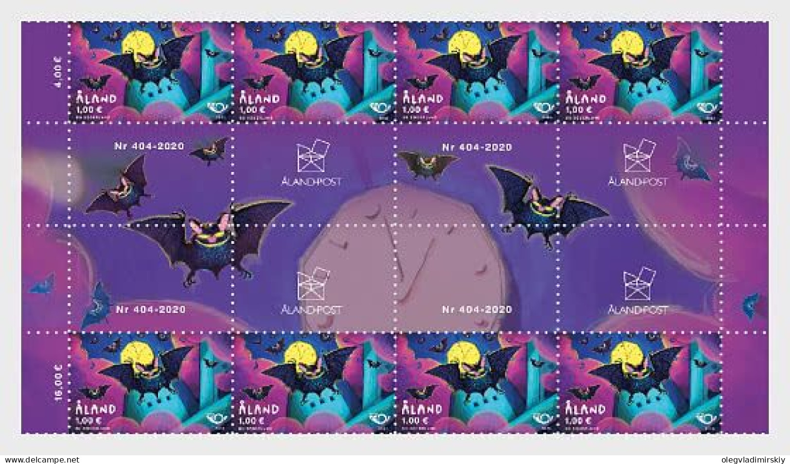 Aland Islands Åland Finland 2020 Nordic Mammals Bats Block Of 8 Stamps And All Type Labels MNH - Bats