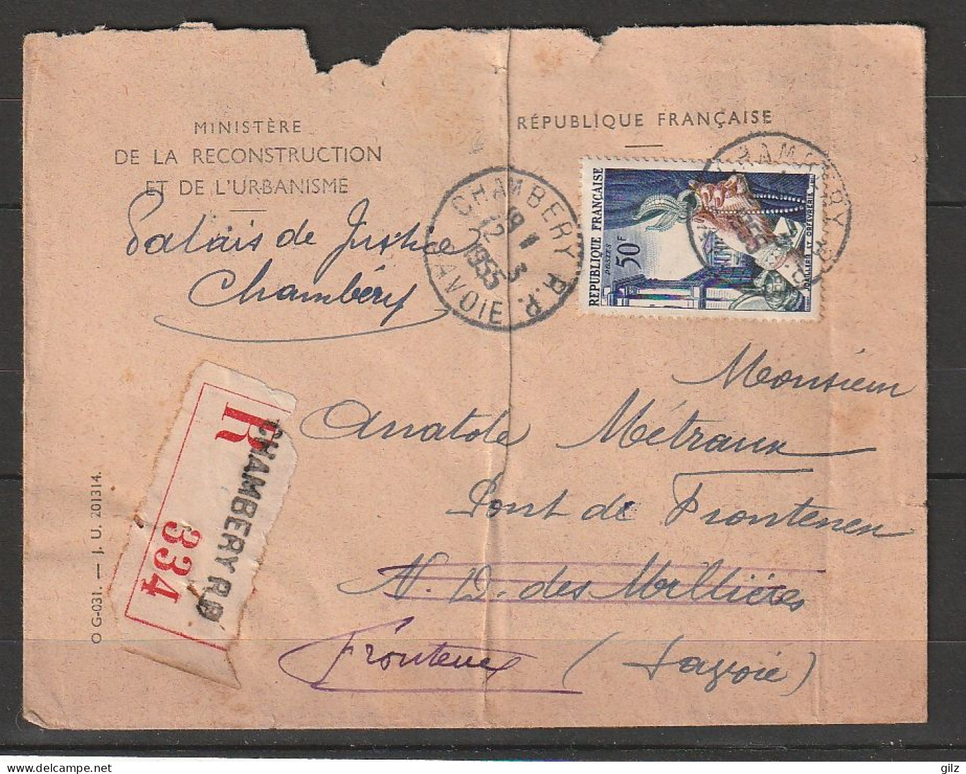 Lettre Recommandée 12/03/1955 Ministere De La Reconstuction Chambery-->Fronetenex (Savoie) Tp Seul Yv :973 - Briefe U. Dokumente