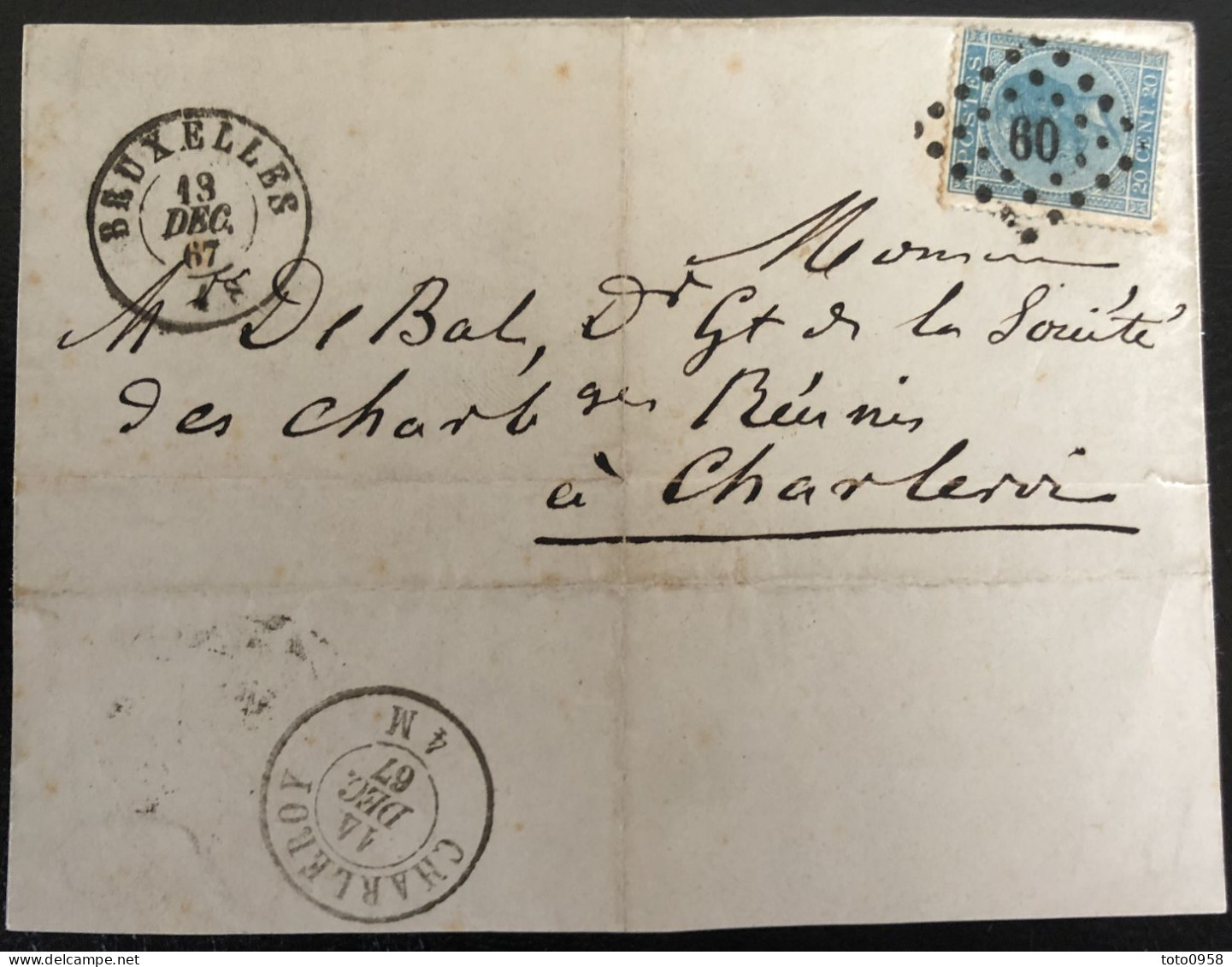 Belgique 1867 Devant De Lettre De Bruxelles Vers Charleroi - 1865-1866 Profil Gauche