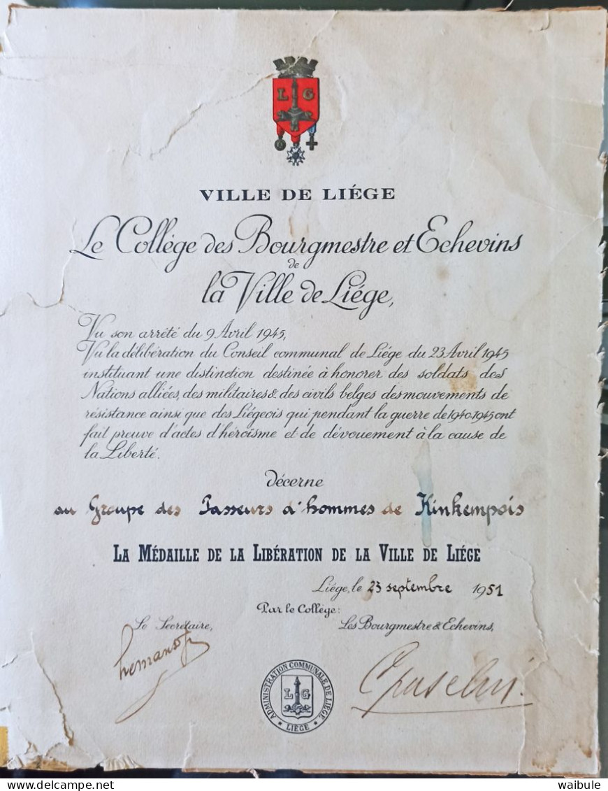 Gare Kinkempois Liège Diplôme "passeurs De Prisonniers" Armée Secrète Chemin De Fer Train Médaille Libération - Belgio