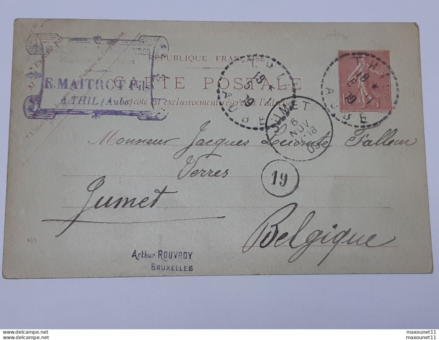 Entier Postal Type Semeuse Avec Griffe Maitrot à Thil - Aube Envoyé Vers Jumet Le 5 Novembre 1909 .. Lot10 . - ....-1949