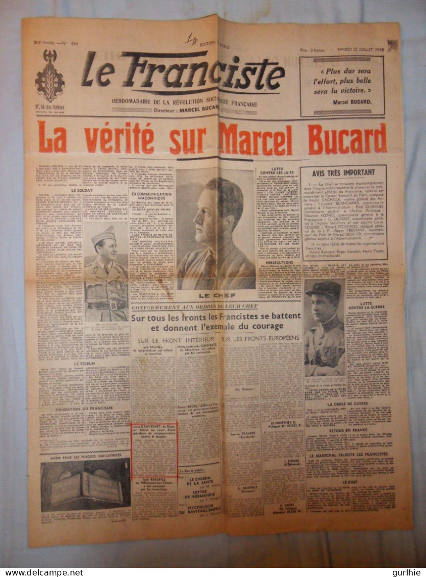 Le Franciste N° 334, 22 Juillet 1944, Journal Collaboration, Marcel Bucard, Francisme, Occupation - Sonstige & Ohne Zuordnung